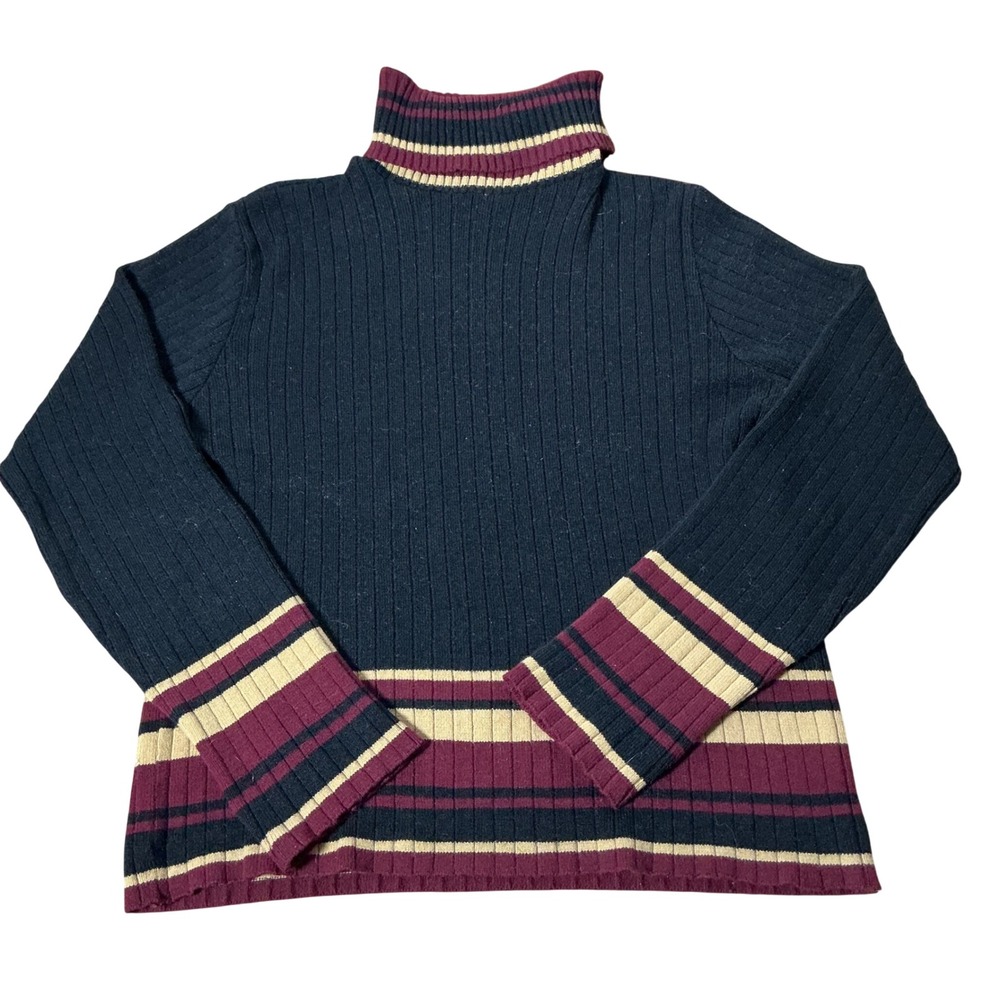Tangents Striped Ribbed Turtleneck Sweater Womens M Black Burgundy Preppy Knit